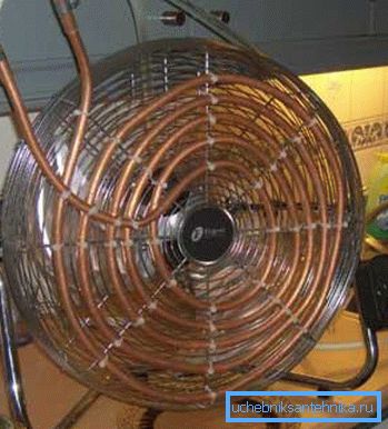 V foto-domáce fan coil z ventilátora a medenej rúrky. V foto-domáce fan coil z ventilátora a medenej rúrky.