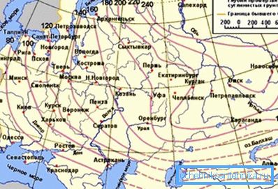 Mapa zobrazuje hodnoty hĺbky mrazu v rôznych oblastiach post-sovietskeho priestoru (stredné hodnoty sa určujú interpoláciou) Mapa zobrazuje hodnoty hĺbky mrazu v rôznych oblastiach post-sovietskeho priestoru (stredné hodnoty sa určujú interpoláciou)